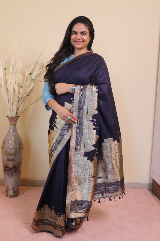 Banarasi Silk Weaved In Ghaat Border - Blue