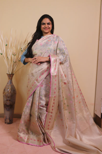 Banarasi Silk Tissue Zari Weaved In Meenakari Jaal And Border - White