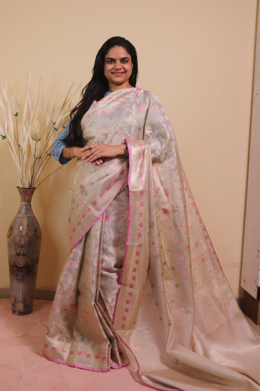 Banarasi Silk Tissue Zari Weaved In Meenakari Jaal And Border - White