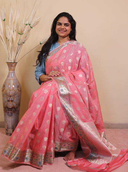 Banarasi Silk 2 Inch Buti With Paithni Border - Pink