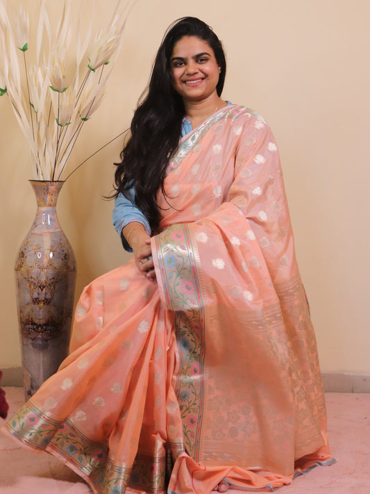 Banarasi Silk 2 Inch Buti With Paithni Border - Orange