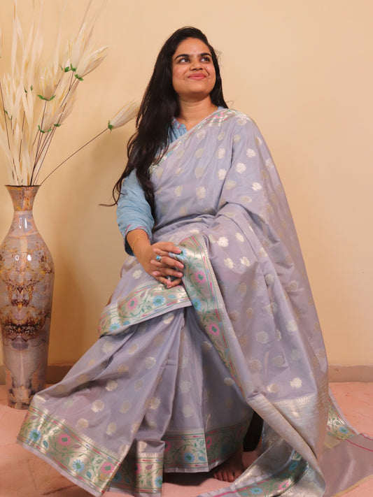 Banarasi Silk 2 Inch Buti With Paithni Border - Grey