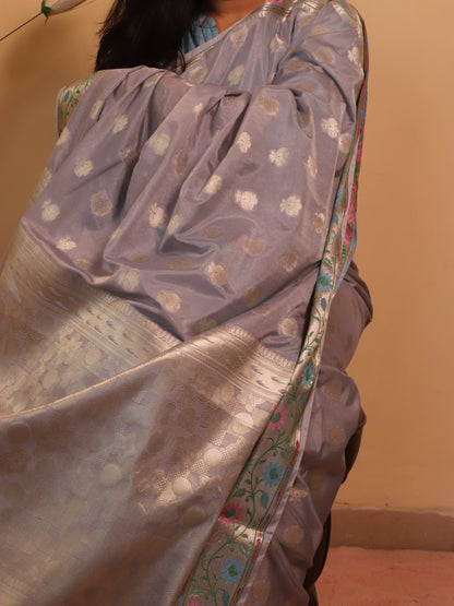 Banarasi Silk 2 Inch Buti With Paithni Border - Grey