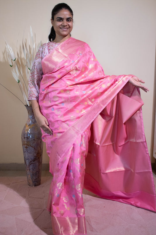 Banarasi Silk Jaal Buti Weaving With Meenakari - Pink