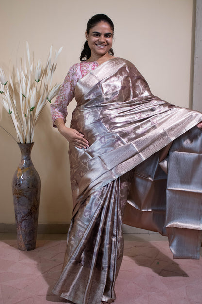 Banarasi Tissue Alfi Jaal Weaving - Silver