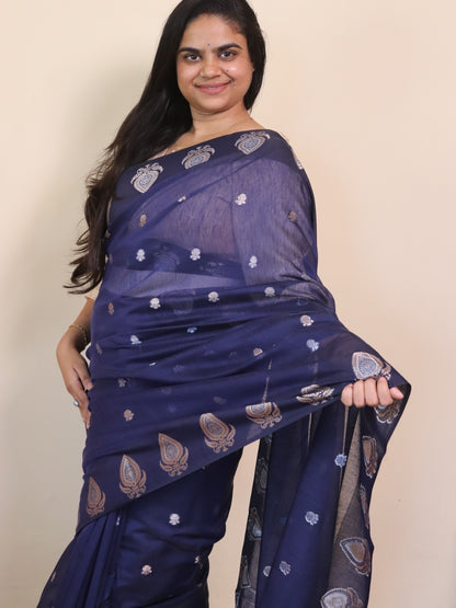Banarasi Cotton Saree With Sona Rupa Weaving -Navy Blue