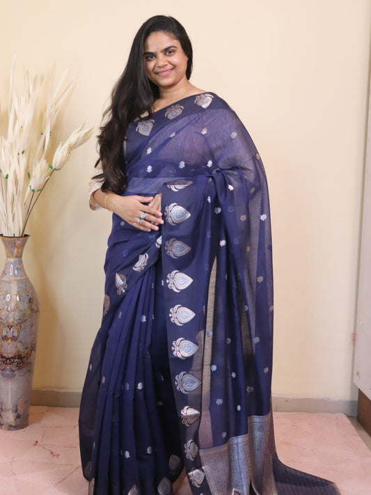 Banarasi Cotton Saree With Sona Rupa Weaving -Navy Blue