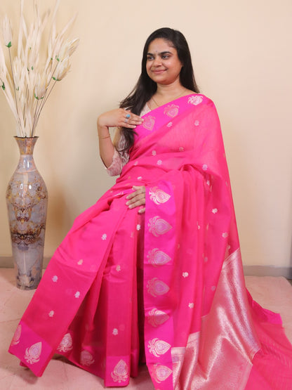 Banarasi Cotton Saree With Sona Rupa Weaving0 Pink