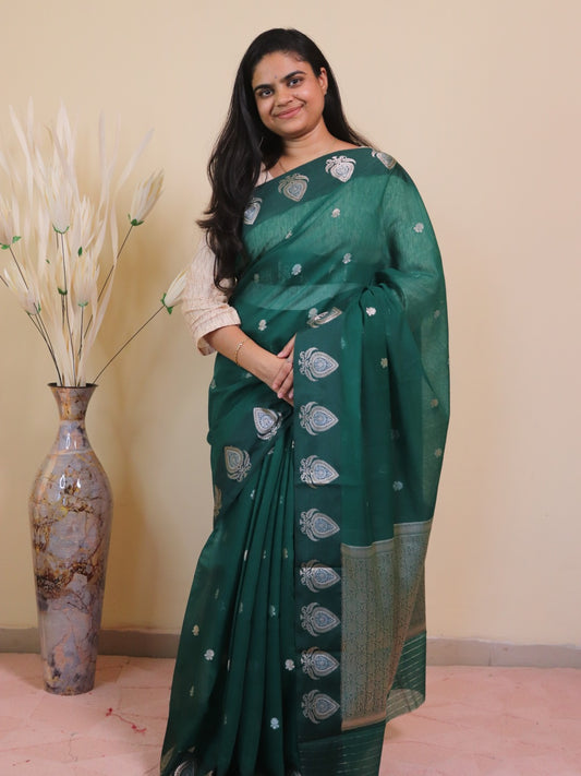 Banarasi Cotton Saree With Sona Rupa Weaving - Green