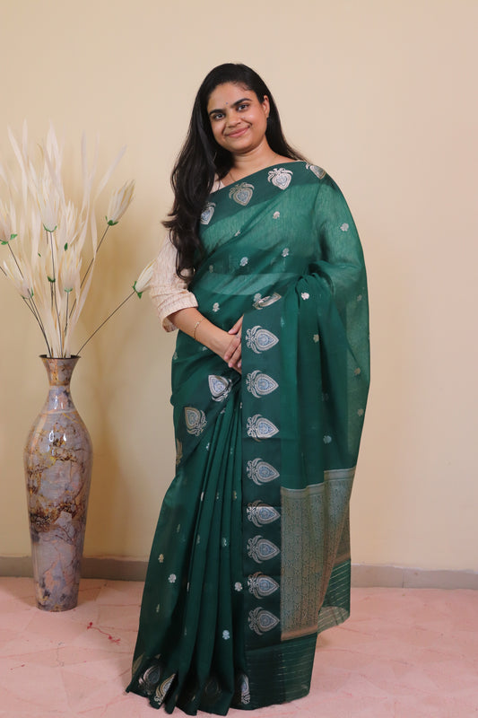 Banarasi Cotton Saree Weaved In Sona Rupa Weaving - Green