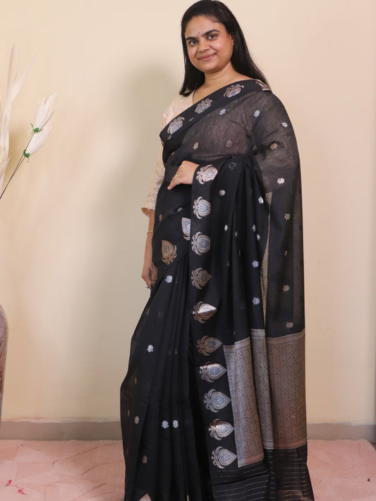 Banarasi Cotton Saree With Sona Rupa Weaving -black
