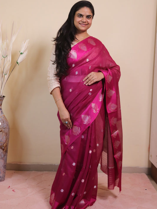 Banarasi Cotton Saree With Sona Rupa Weaving - Pink