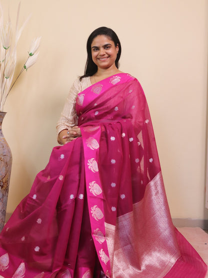 Banarasi Cotton Saree With Sona Rupa Weaving - Pink