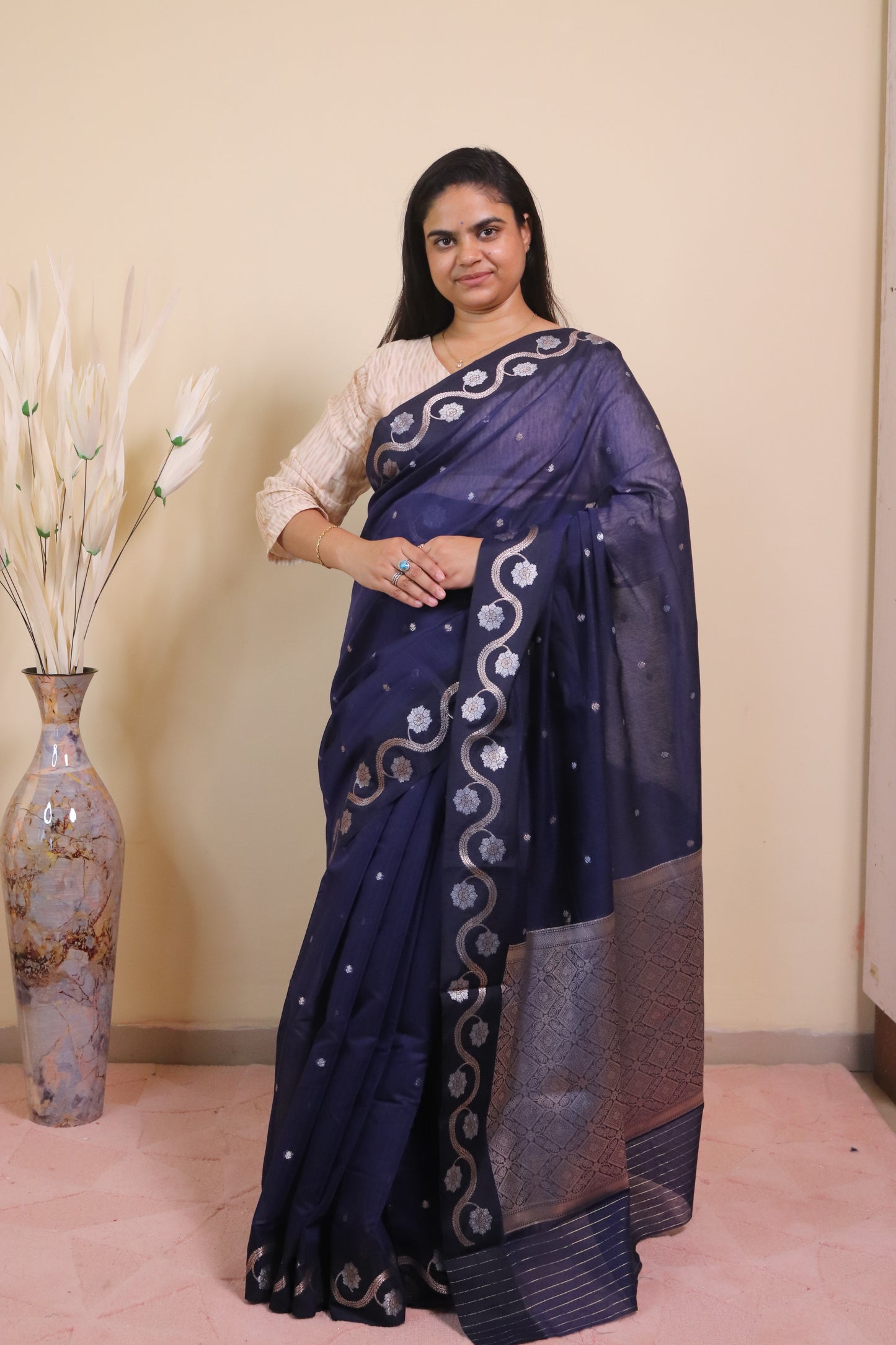 Banarasi Cotton Saree With Sona Rupa Bel Buti Weaving - Purple