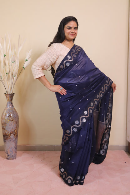 Banarasi Cotton Saree With Sona Rupa Bel Buti Weaving - Purple