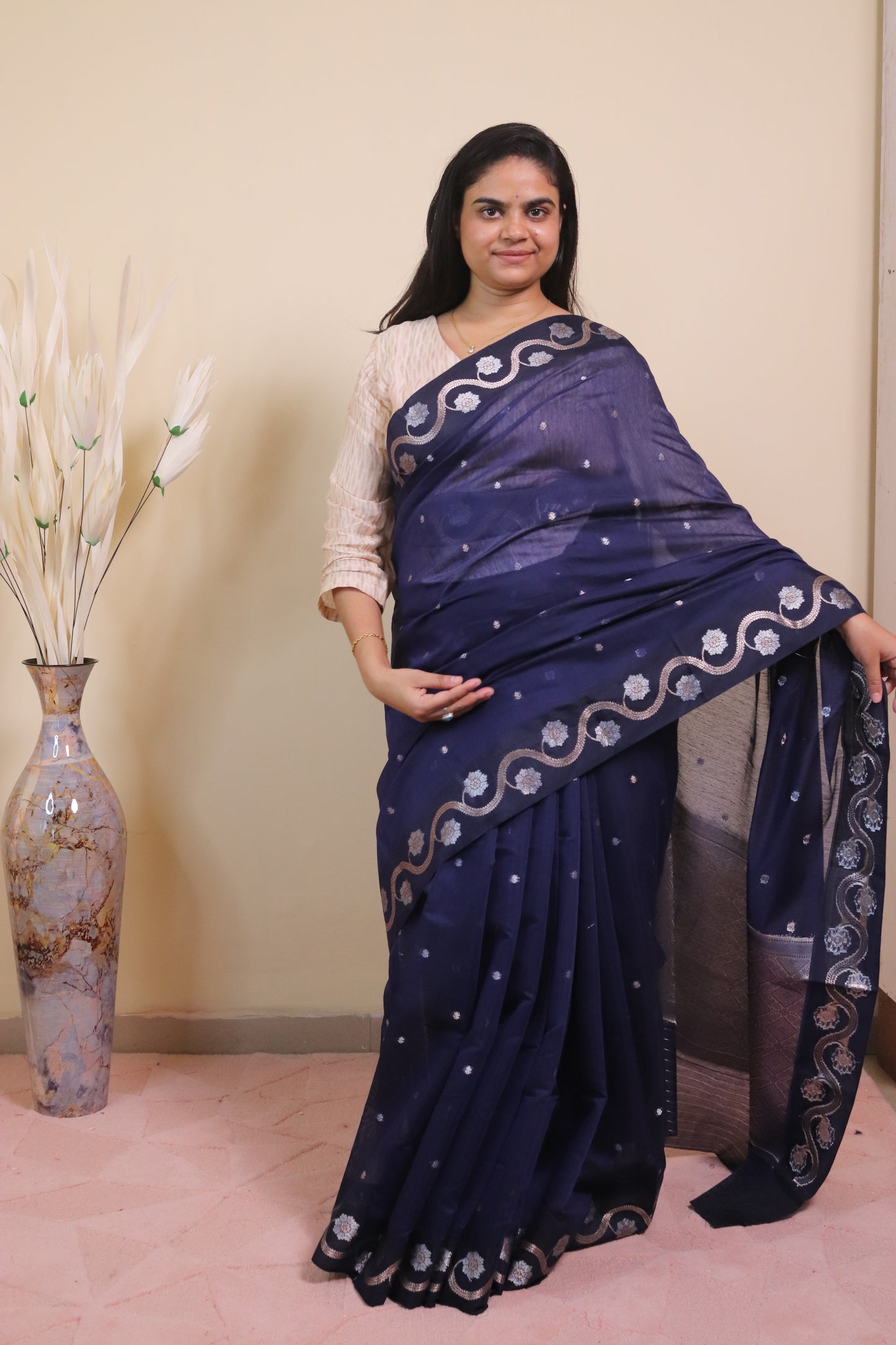 Banarasi Cotton Saree With Sona Rupa Bel Buti Weaving - Purple