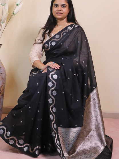 Banarasi Cotton Saree With Sona Rupa Bel Buti Weaving - Black