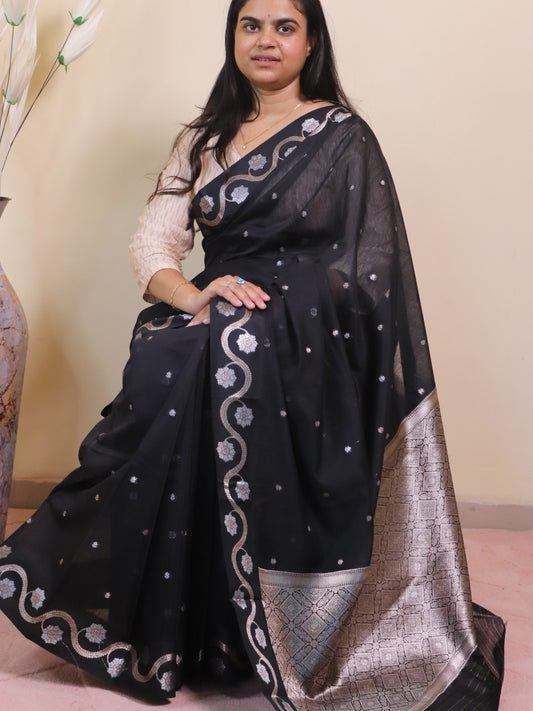 Banarasi Cotton Saree With Sona Rupa Bel Buti Weaving - Black