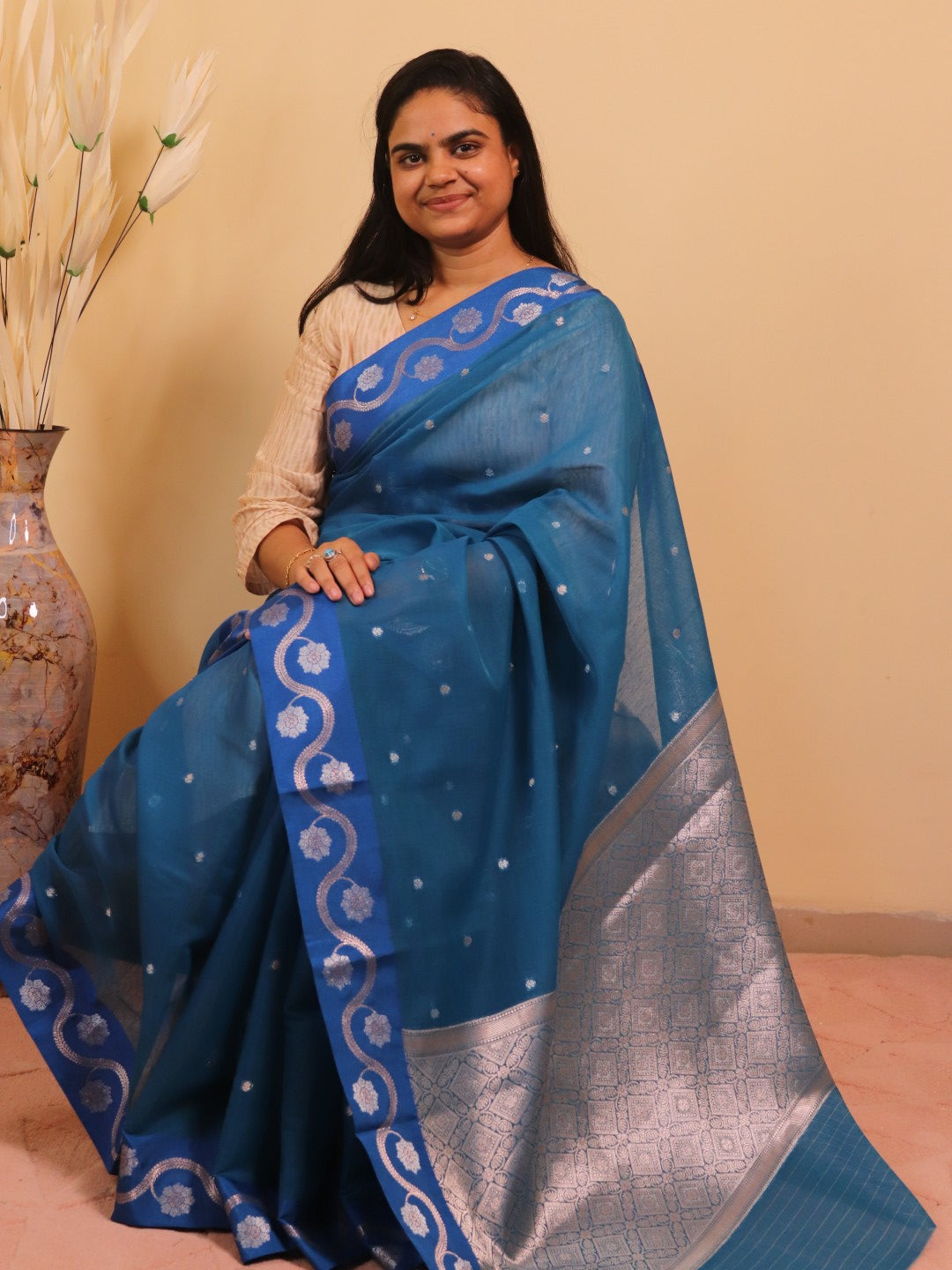 Banarasi Cotton Saree With Sona Rupa Bel Buti Weaving - Blue