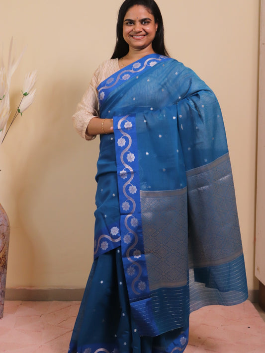 Banarasi Cotton Saree With Sona Rupa Bel Buti Weaving - Blue