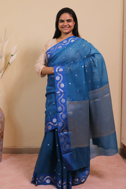Banarasi Cotton Saree Weaved In Sona Rupa Weaving - Blue