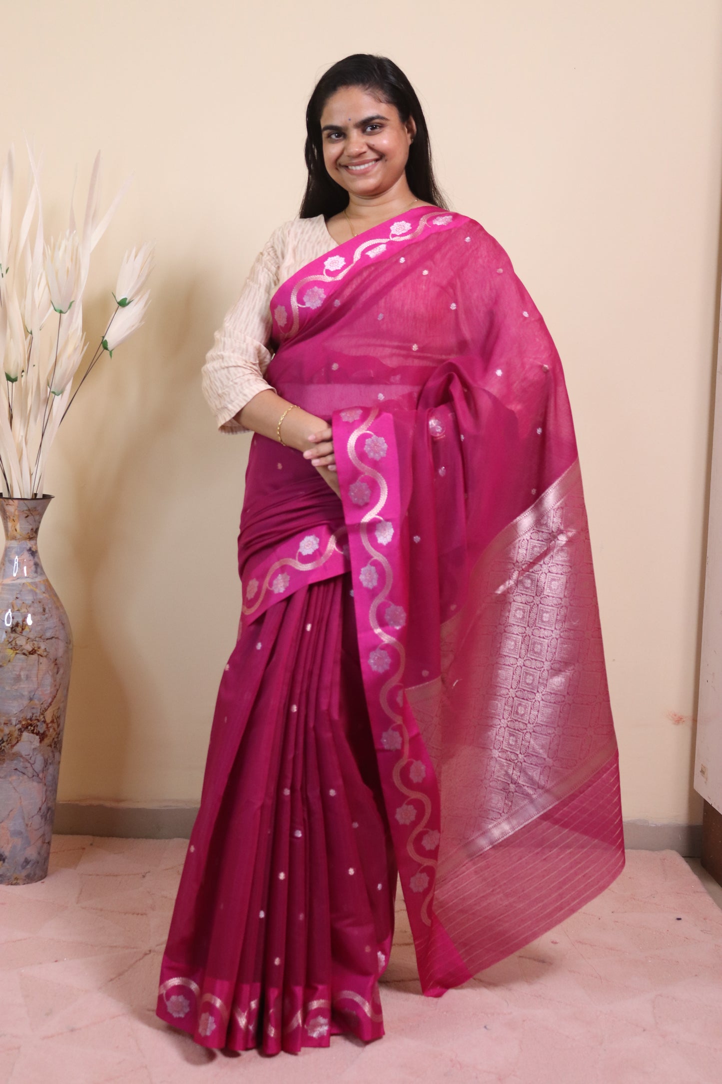 Banarasi Cotton Saree With Sona Rupa Bel Buti Weaving - Maroon