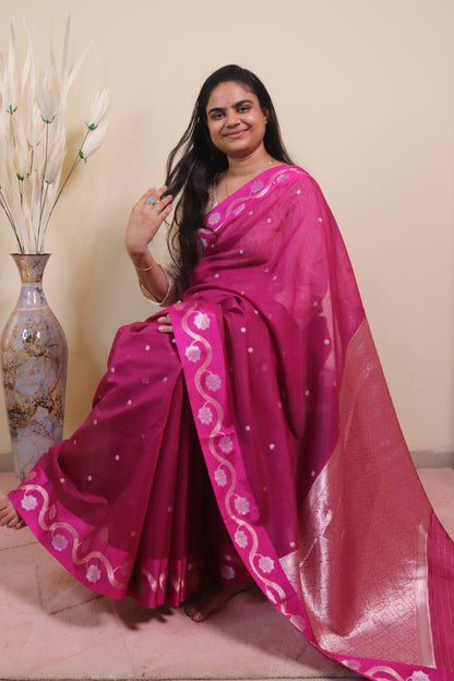 Banarasi Cotton Saree With Sona Rupa Bel Buti Weaving - Maroon