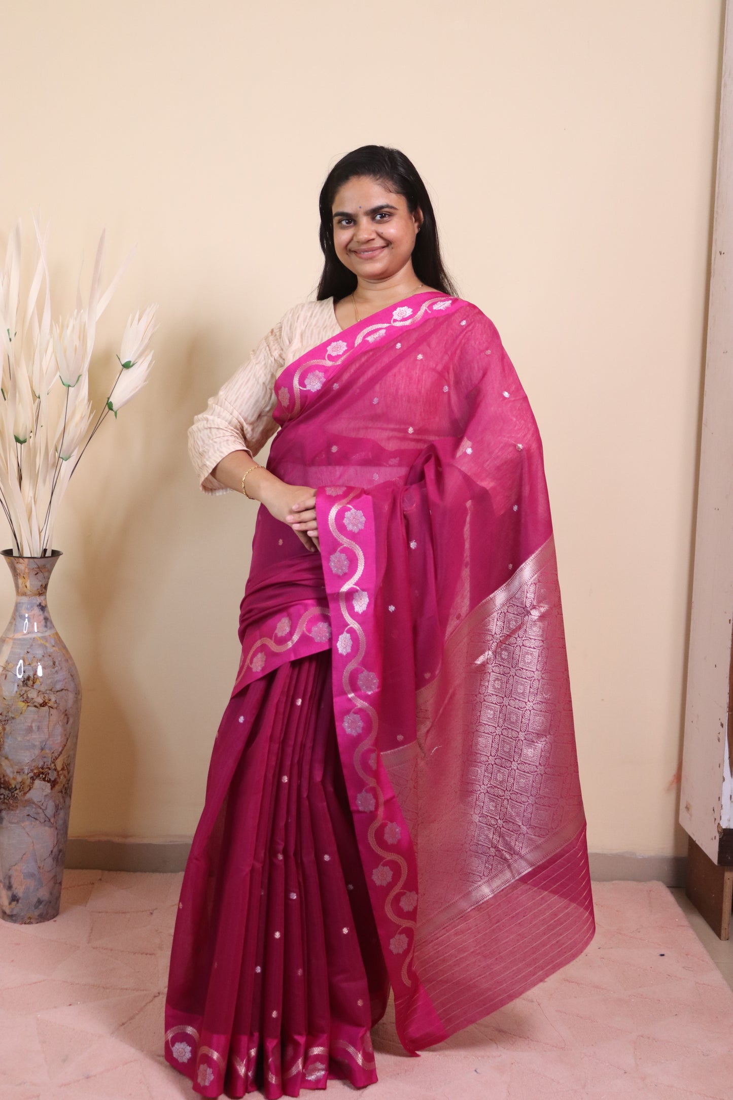 Banarasi Cotton Saree With Sona Rupa Bel Buti Weaving - Maroon