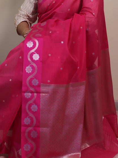 Banarasi Cotton Saree With Sona Rupa Bel Buti Weaving - Pink