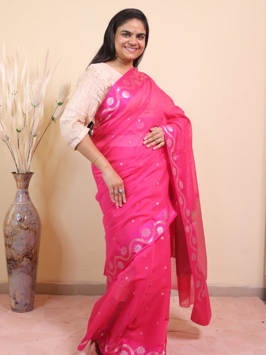 Banarasi Cotton Saree With Sona Rupa Bel Buti Weaving - Pink
