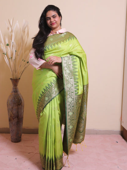 Soft Silk Contrast Border Silver And Gold Zari Weaving - Green