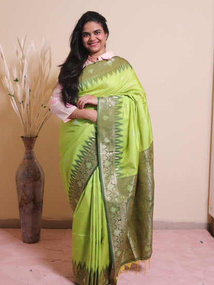 Soft Silk Contrast Border Silver And Gold Zari Weaving - Green
