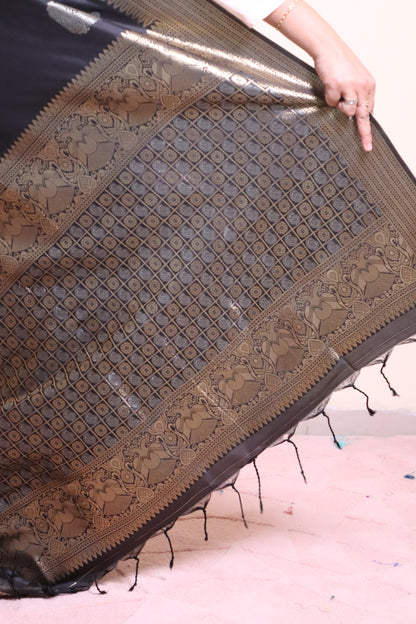 Soft Silk Weaved In Silver And Gold Zari - Black
