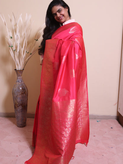 Soft Silk Contrast Border Silver And Gold Zari Weaving - Cherry Red