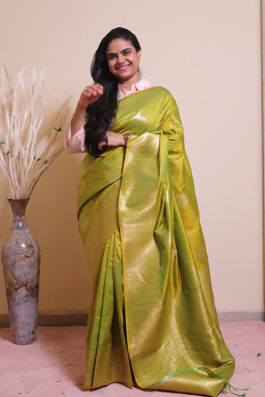 Soft Silk Weaved In Silver And Gold Zari - Green