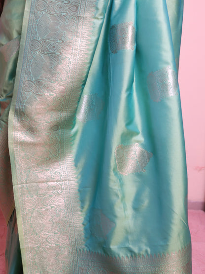 Soft Silk Contrast Border Silver And Gold Zari Weaving - Blue