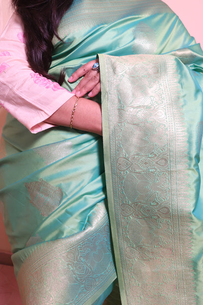 Soft Silk Weaved In Silver And Gold Zari - Blue