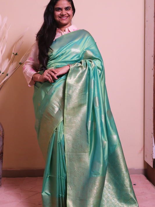 Soft Silk Contrast Border Silver And Gold Zari Weaving - Blue