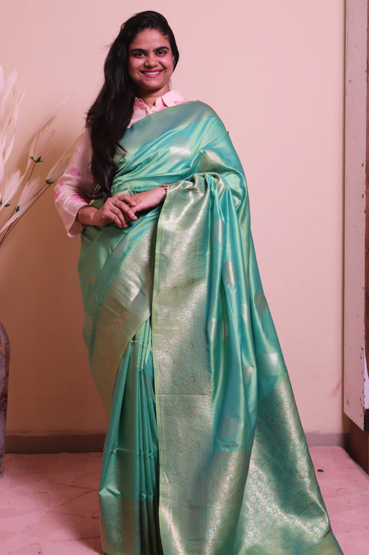 Soft Silk Weaved In Silver And Gold Zari - Blue