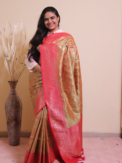 Soft Silk Contrast Border Alfi Weaving - Beige