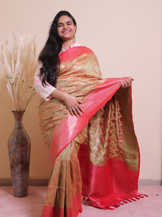 Soft Silk Contrast Border Alfi Weaving - Beige