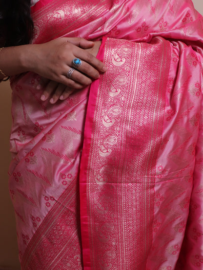 Soft Silk Contrast Border Alfi Weaving - Pink