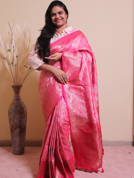 Soft Silk Contrast Border Alfi Weaving - Pink