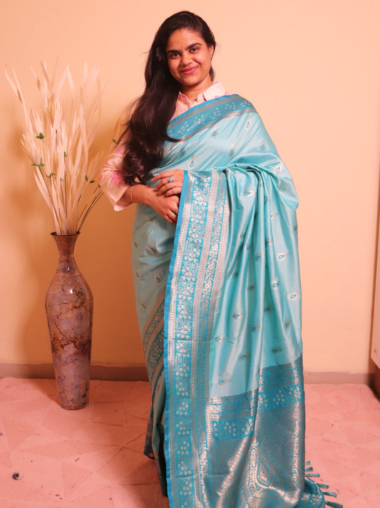 Soft Silk Contrast Border Alfi Buti Weaving - Blue