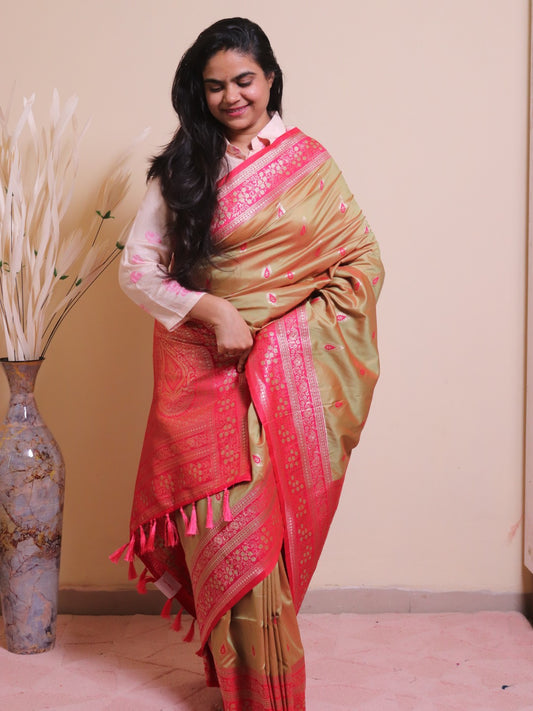 Soft Silk Contrast Border Alfi Buti Weaving - Beige
