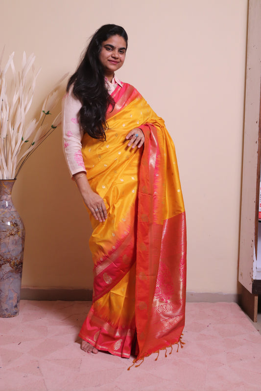 Soft Silk Fabric Motif Designed On Contrast Border - Yellow
