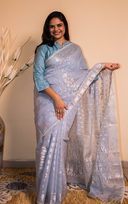 Cottan Banarasi Saree Jamdani Border Golden Silver Weaving - Purple