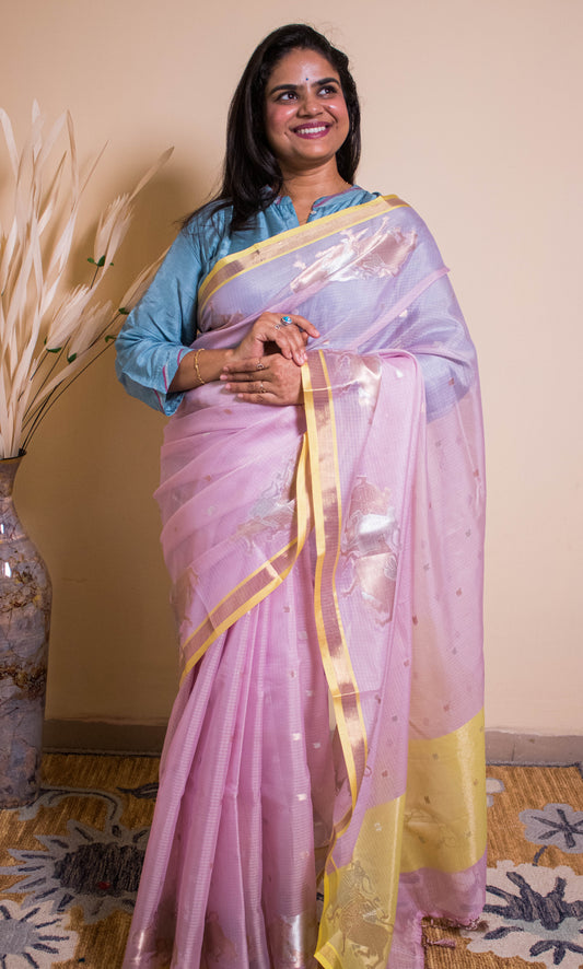 Banarasi Cotton Silk Fabric Nandi Weaved Motifs Golden Silver Weaving - Purple
