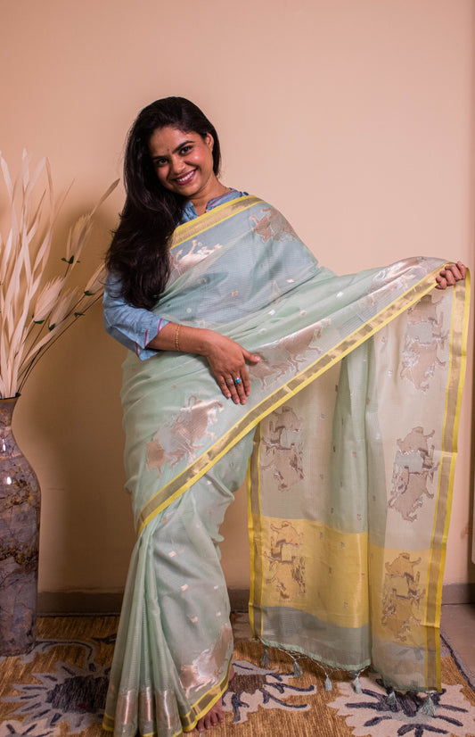Banarasi Cotton Silk Fabric Nandi Weaved Motifs Golden Silver Weaving - Green