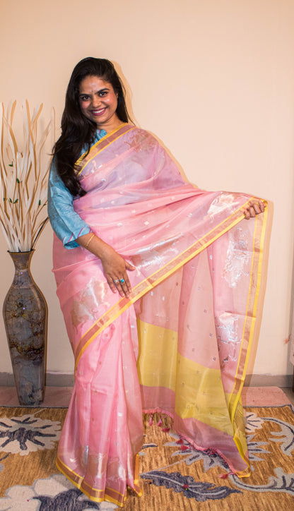 Banarasi Cotton Silk Fabric Nandi Weaved Motifs Golden Silver Weaving - Pink